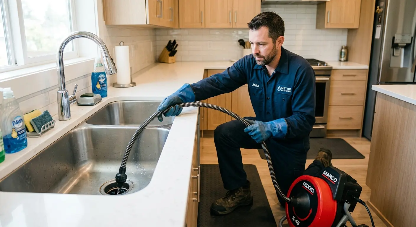 Drain cleaning technician using a motorized snake on a kitchen sink in Strawberry