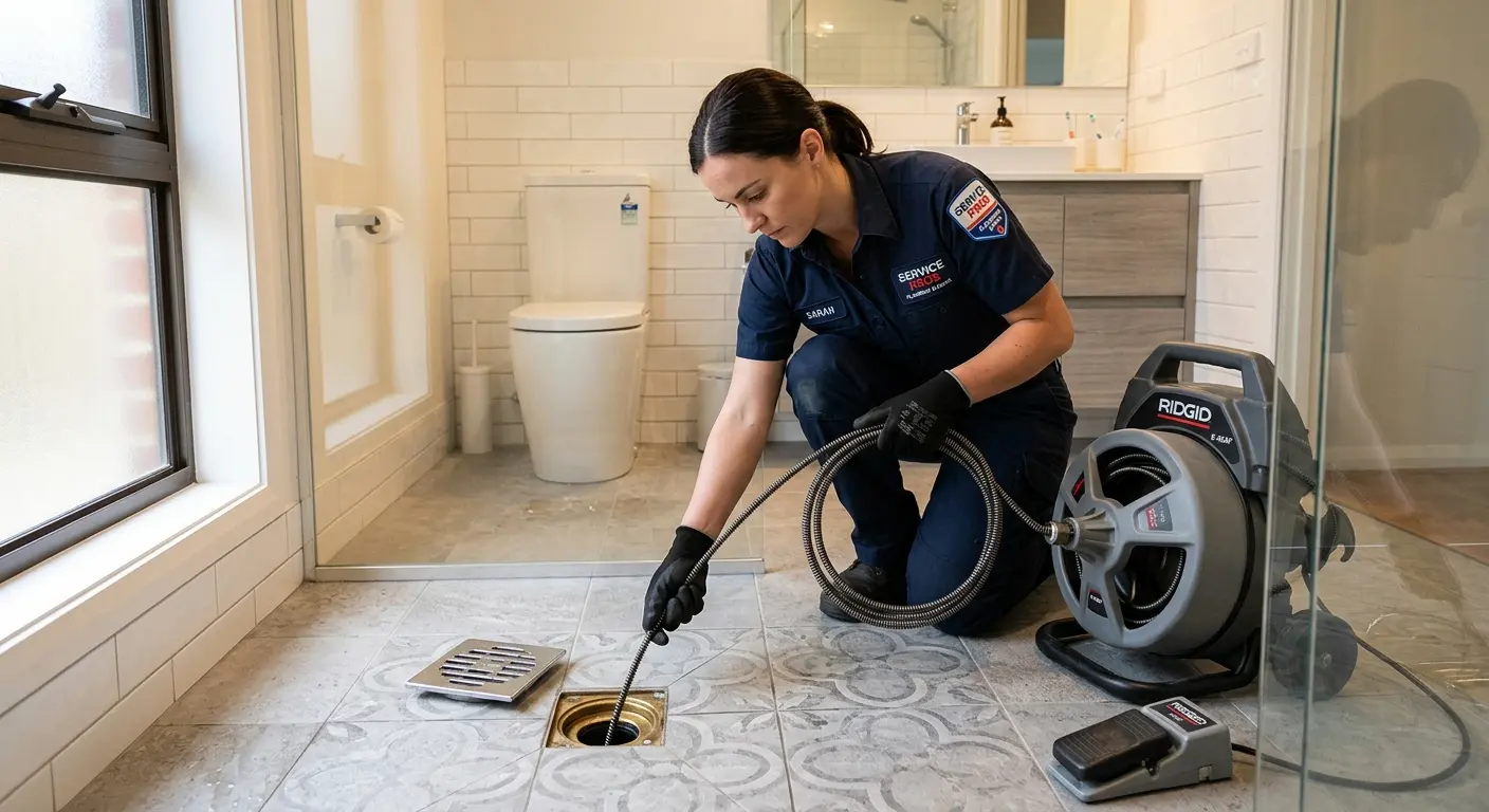 Technician clearing a bathroom floor drain for Drain Cleaning in Strawberry